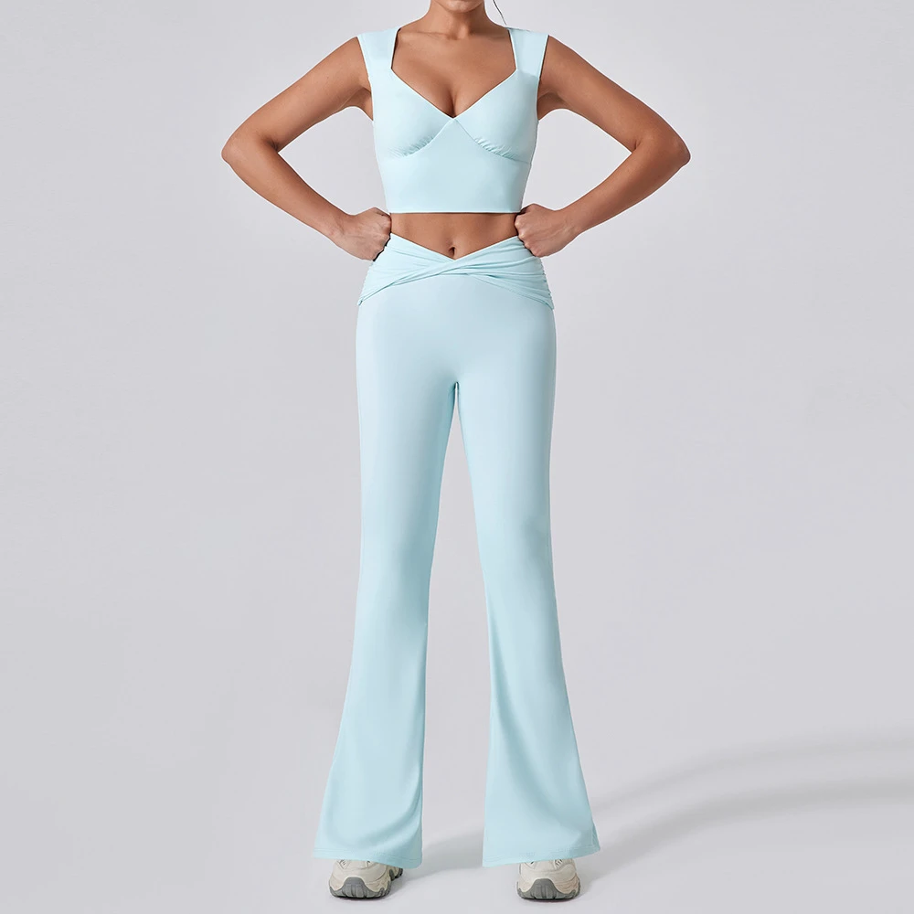 Logo Custom New Wide Leg Workout Yoga Set Lady High Waist Butt Lifting Sports Vest Flare Pants Femme Solid Color Gym Suit