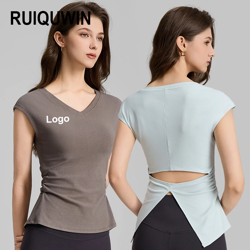 RUIQUWIN 2026 New Women's V Neck Yoga Tops Solid Color Loose Breathable Yoga T-Shirts Ruched Hollow Out Slim Sports Short Sleeve