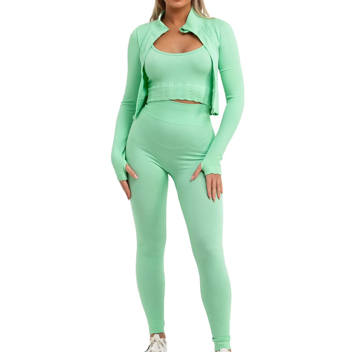 Women's High Quality 3pcs Seamless High Stretch Workout Yoga Set Crop Top Sports Bra Leggings Front Solid Color Spandex/Nylon