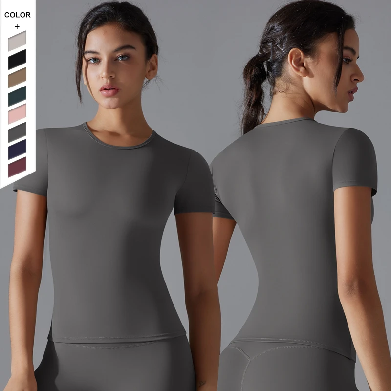 Spring and Autumn Yoga Fashion Sports Gathering Short Sleeved Solid Color Slim Fit Elastic Fitness Tank Top Running Training Top