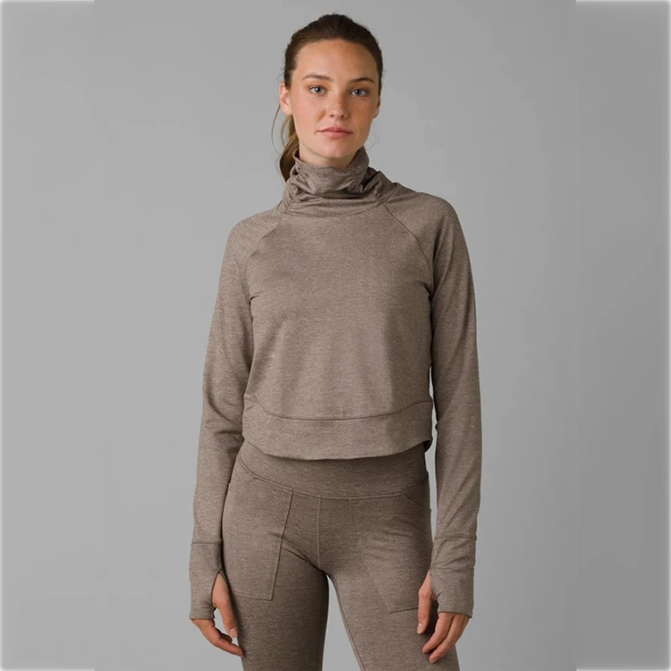 Latest Design Custom Lady's Soft Long Sleeve Yoga T-Shirt High Collar With Thumb Hole Breathable and Reversible Plus Size
