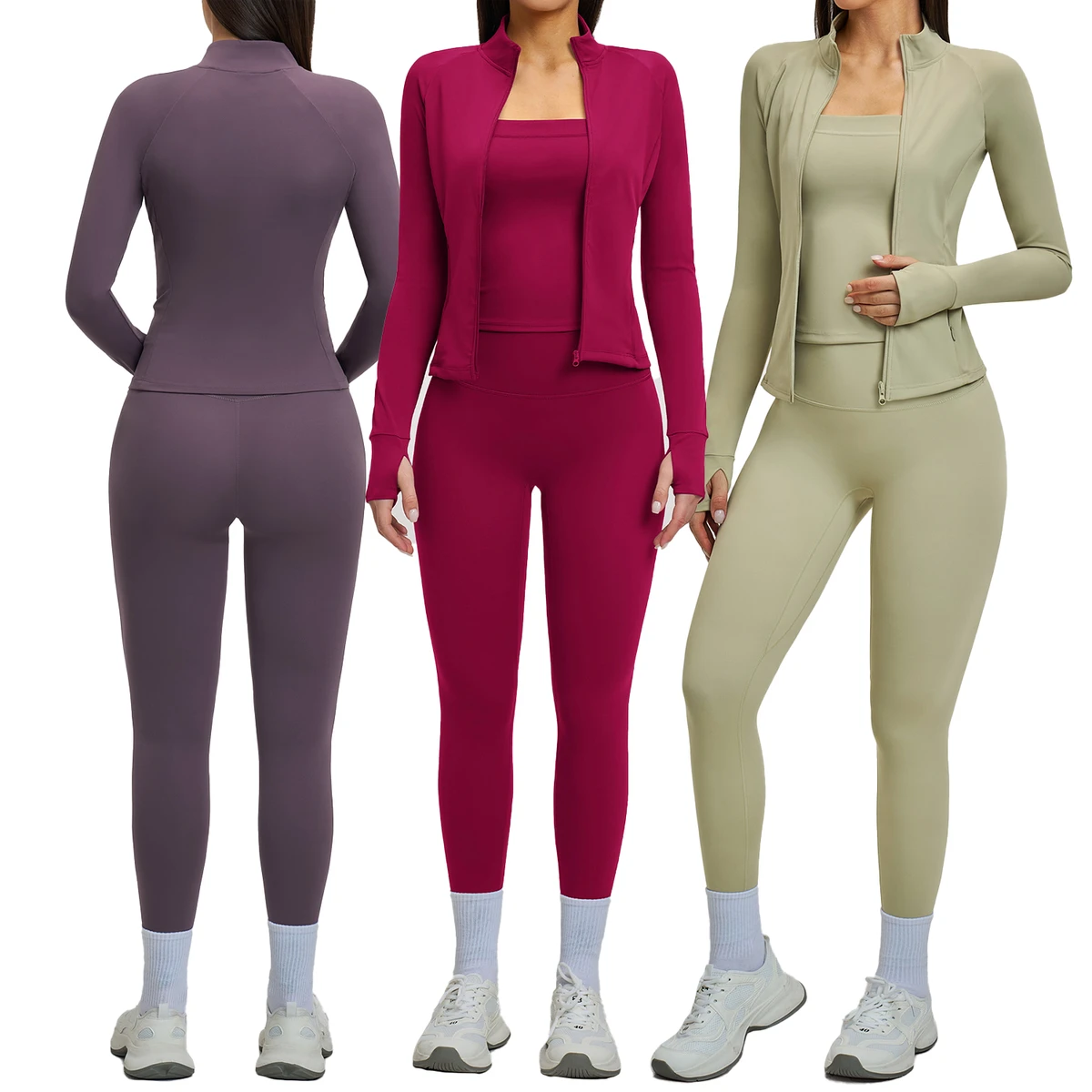 Women's 3-piece Wear Yoga Set Quick-drying Sports Bra Jacket Leggings for Lady Workout Solid Classic Design Elastic Waist