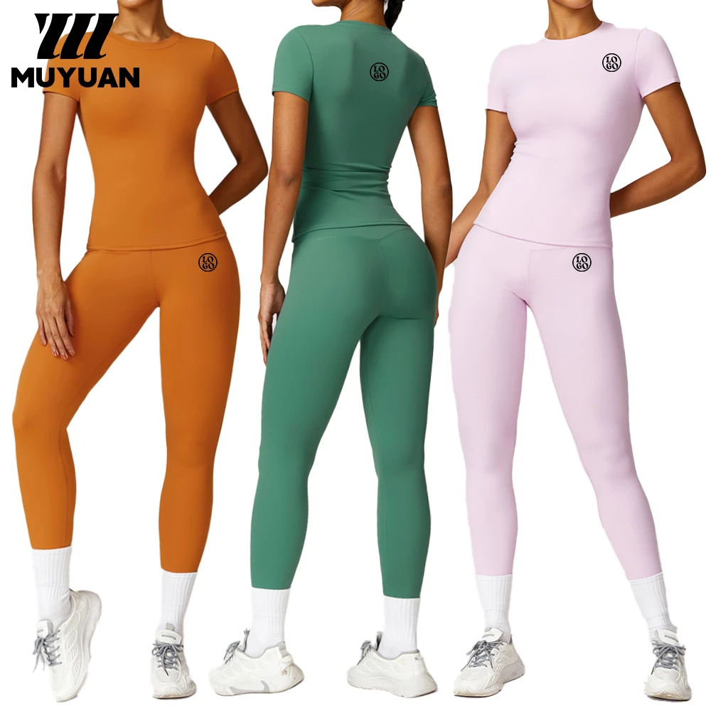 Women's 2-Piece Yoga Sportswear Set Breathable Eco-Friendly Spandex/Nylon Fabric Crew Neck Short Sleeve Full-Length Pants