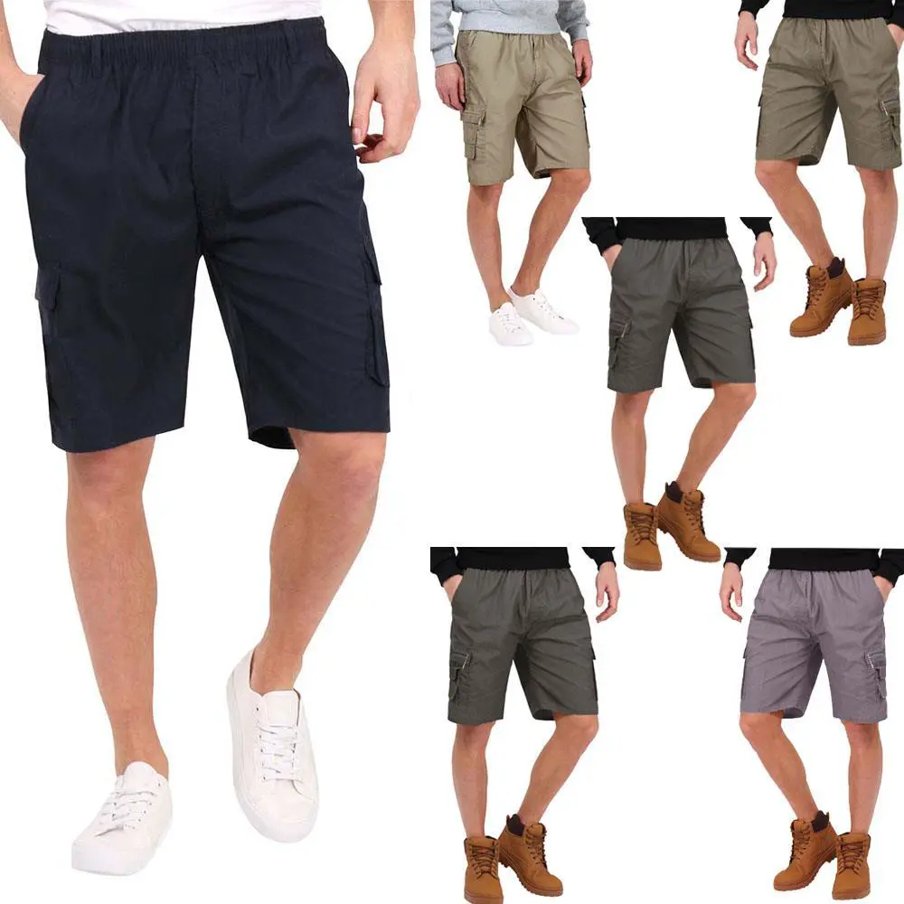 Men's Summer Spandex/Cotton Breathable Elastic Waist Cargo Casual Shorts Plus Size 6 Pocket Gym Shorts Smart Knee Length Waist