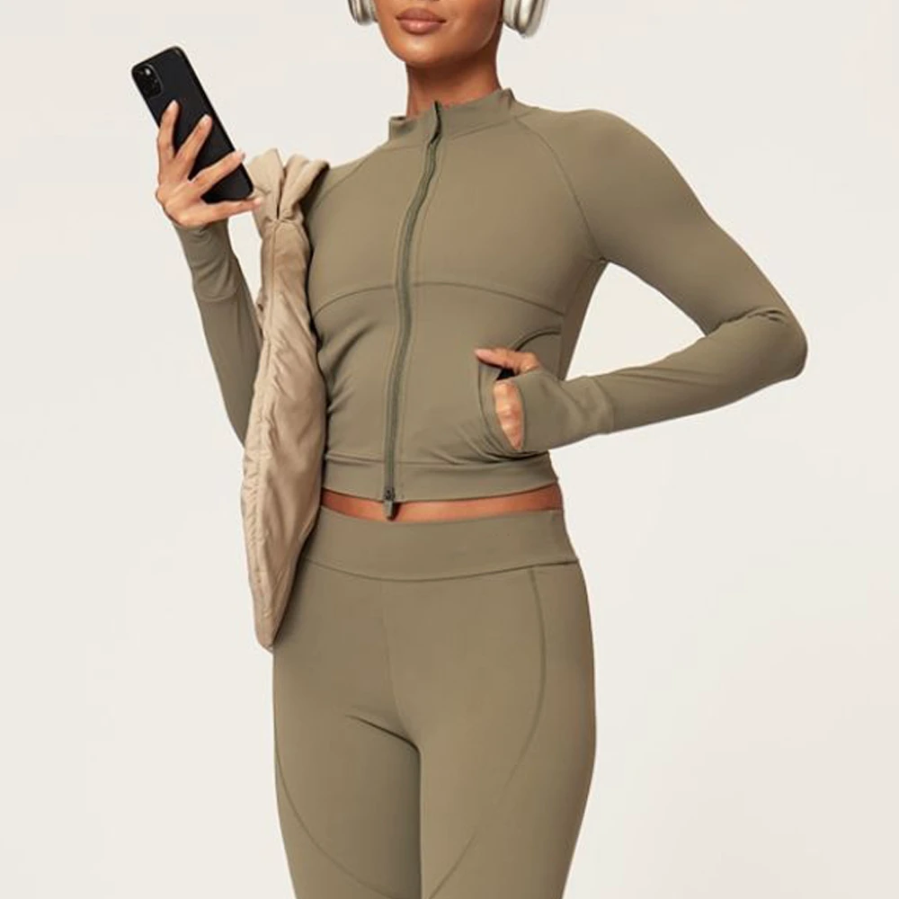 Custom Yoga Set 2 Piece Double Zip up Jacket with High Waist Gym Leggings Booty Lift Workout Compression Activewear for Women