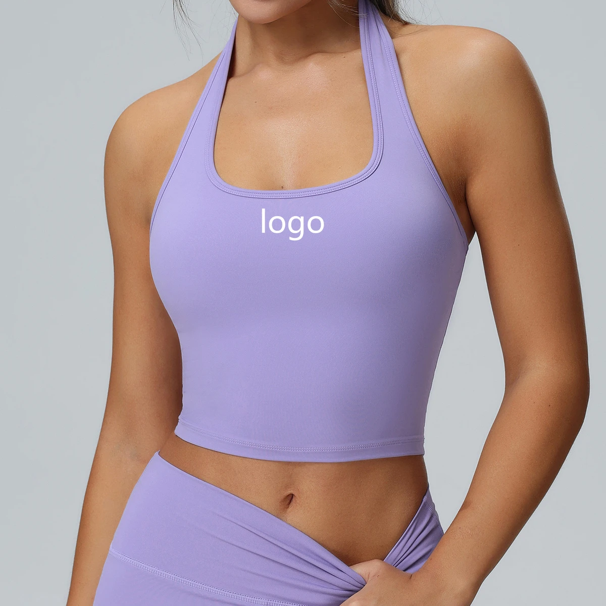 Custom Lightweight Breathable Four-Way Stretch Women Halterneck Backless Sports Bra with Medium Support for Yoga Workout