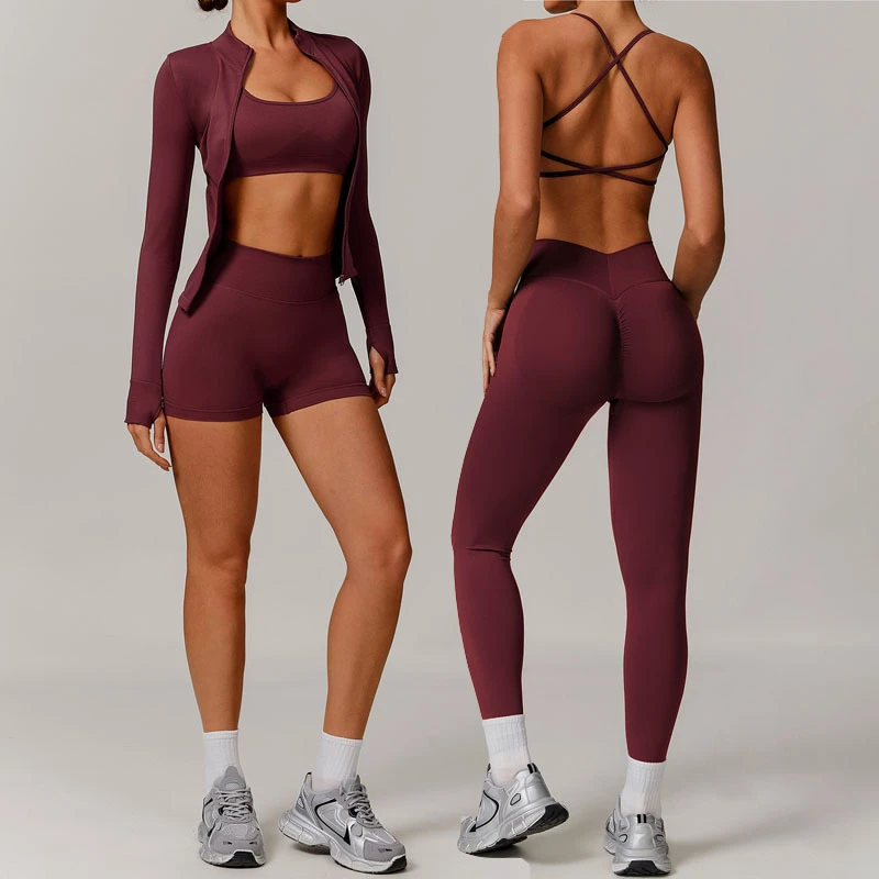 Hot Selling Fitness Women Seamless Yoga Set Compression Workout Running Active Gym Wear Breathable Quick Dry 4 Pieces Jacket Set