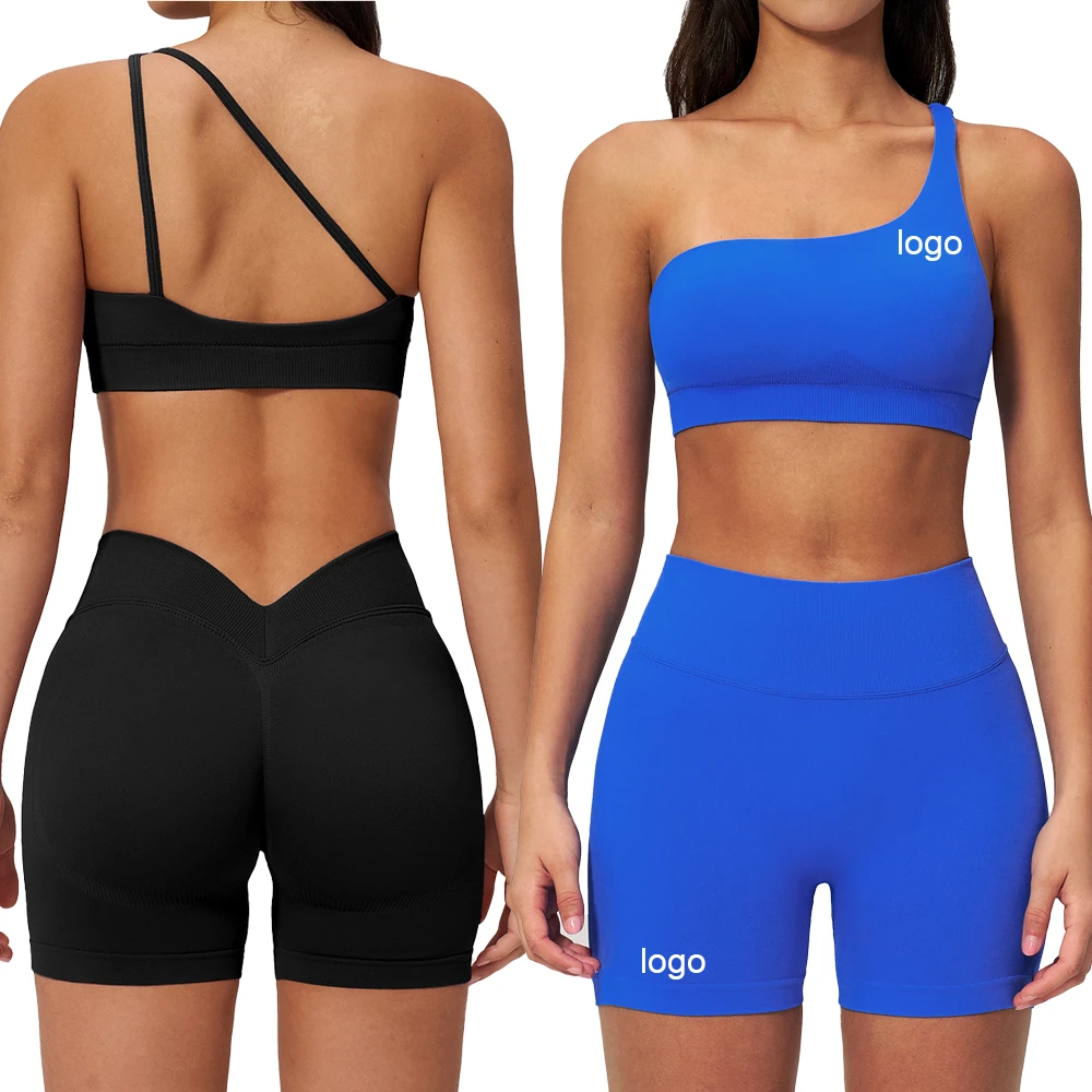 2-Piece Yoga Set Nylon/Spandex Hollow Back Seamless Asymmetric Sports Bra One Shoulder Crop Tank Top High Waist Butt Lift Shorts
