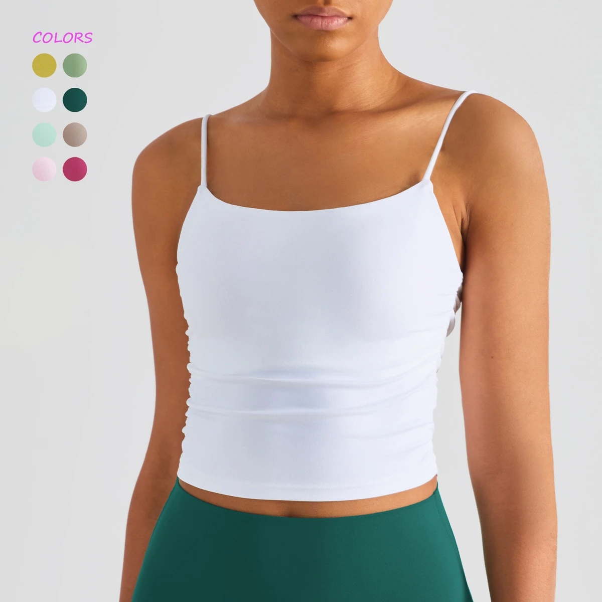 Girls Padded Sports Yoga Tank Tops Ruched Side Spaghetti Strap Camisole Nylon Spandex Women Stretchy Soft Cami With Built in Bra