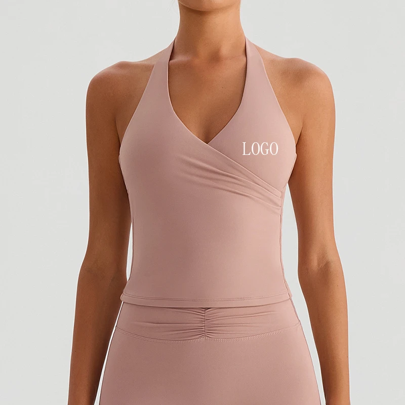 Custom Women's Cross Front Halter V Neck Beauty Back Slim Shockproof Quick Dry Sports Tank Top with Pads