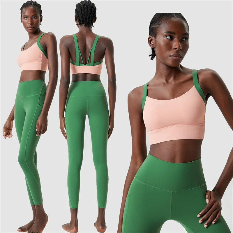Customized Logo High Quality Women's Yoga Set Gym Women's Sexy High Support Bra Side Pocket High Stretch Hip Lifting Yoga Pants
