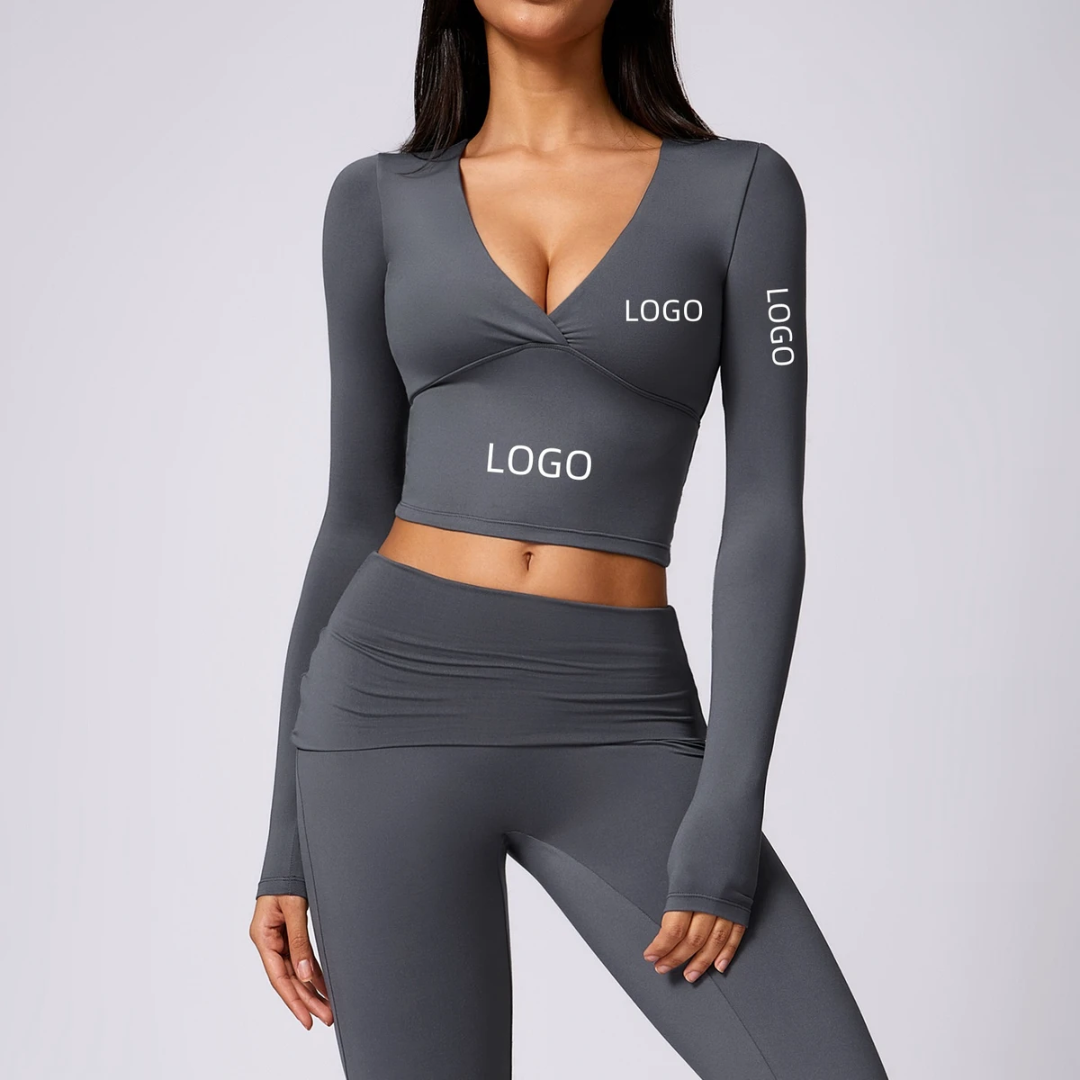Stylish Deep V Pleated Yoga Top for Women Sexy Crop T-shirt with Long Sleeves Fitness Sportswear for Gym Running