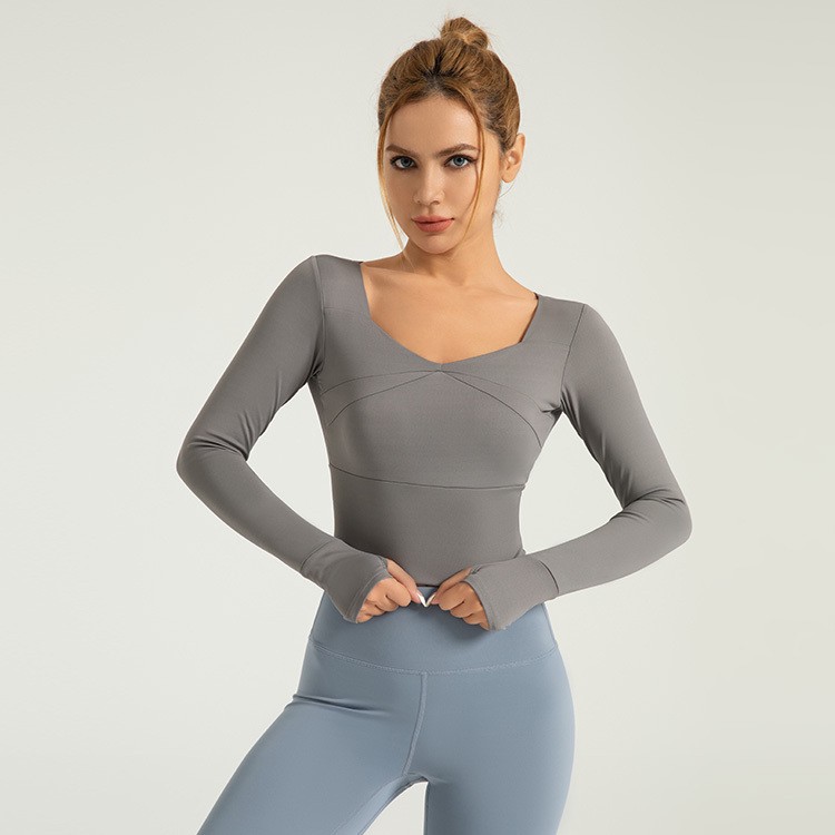 High Quality Women's Yoga Long-Sleeved Top Breathable Quick Dry Lightweight Fitness Slimming Shirt Pure Color Spliced Design