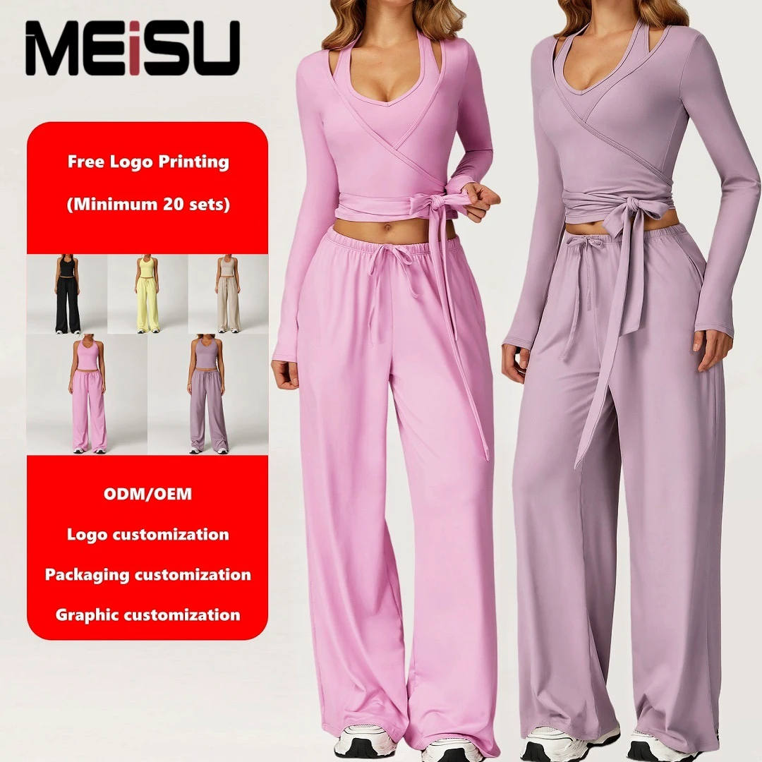 2026 Ins Hot Selling Brush Yoga Long Sleeve One Piece Tie Wrap Top Deep V Neck Ballet Cover up Pilates Outerwear Sportswear