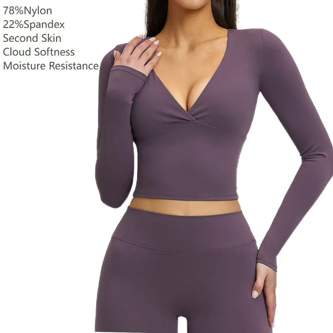 Brushed Breathable Sports Yoga Gym Fitness Workout Women's Long Sleeve V Neck Front Overlap T-shirts Cropped Top Ropa De Mujer