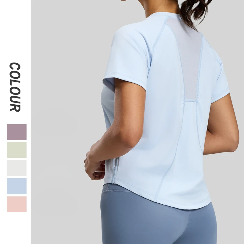 Custom High Stretch Crew Neck Sports Tee for Women Back Mesh Breathable Quick Dry Yoga Gym Running Top Wholesale