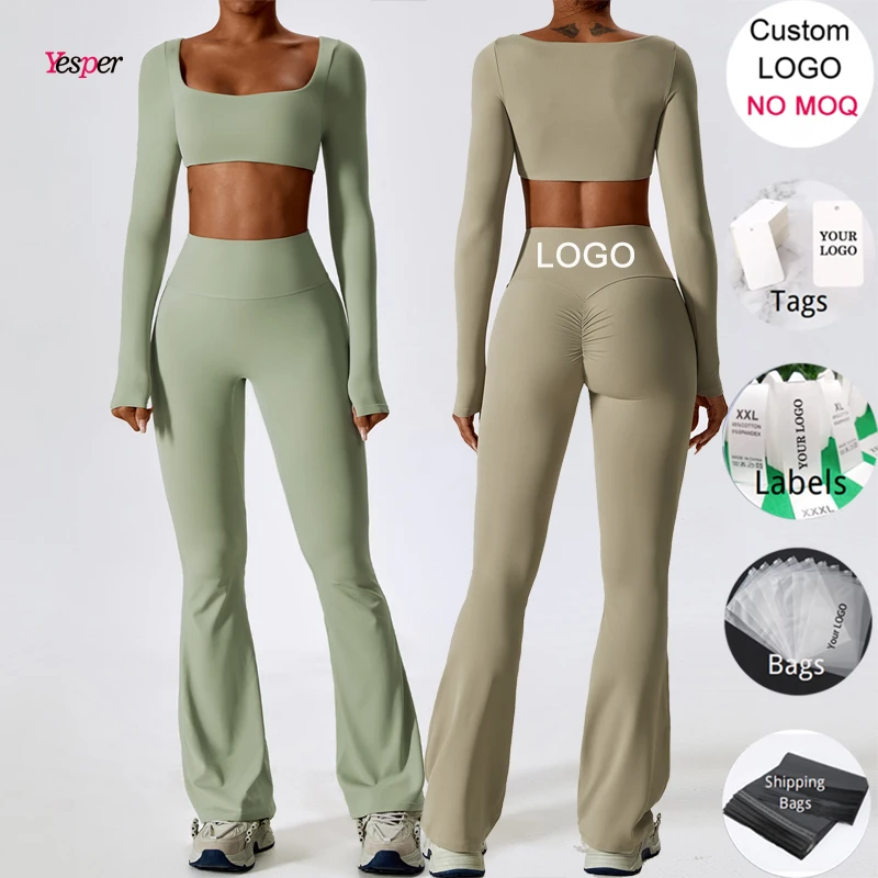 Oem Blank Activewear Manufacturer Wholesale Fitness Yoga Wear Women Sport Crop Top Scrunch Butt Yoga Flared Gym Sets For Women