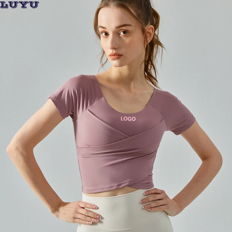 2026 Hot Sale Cross Front Yoga Top Short Sleeve with Built-in Bra Naked Feel Slimming Workout T-Shirt for Women