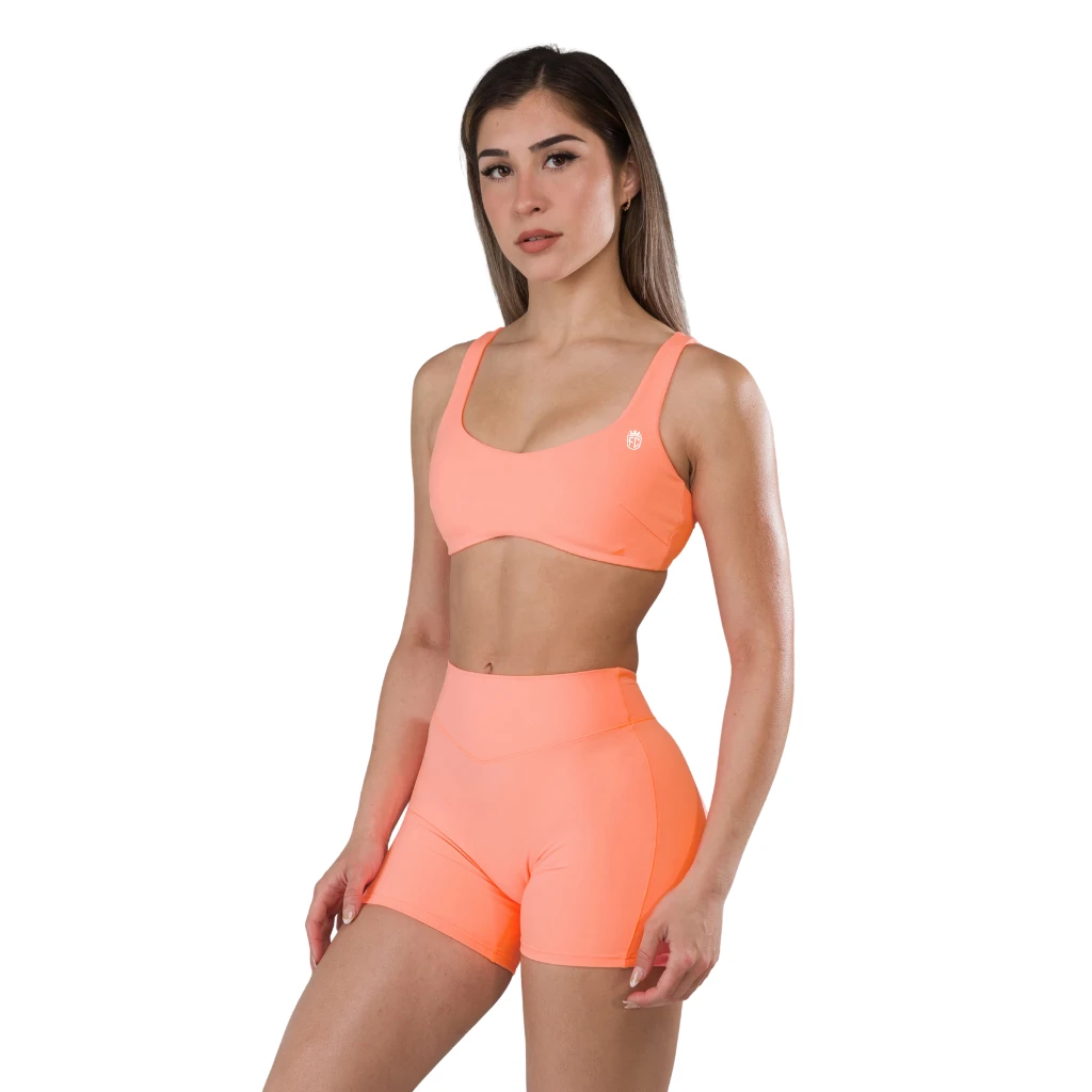 Womens Seamless Strappy Open Back Sports Bra Yoga Fitness Activewear Stretch Support Lightweight Training Top Neon Coral Color