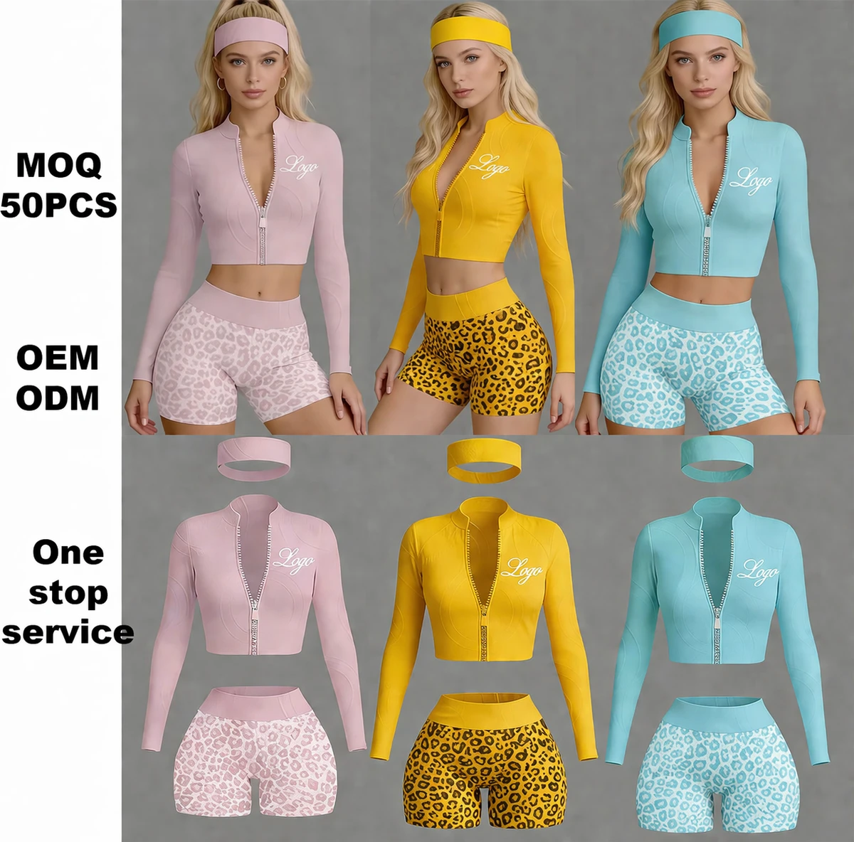 Custom Long Sleeves T Shirt And Shorts 3 Pieces Shorts Set Workout Sets Leopard Print Zip Jpgger Set For Women Sporty Sets