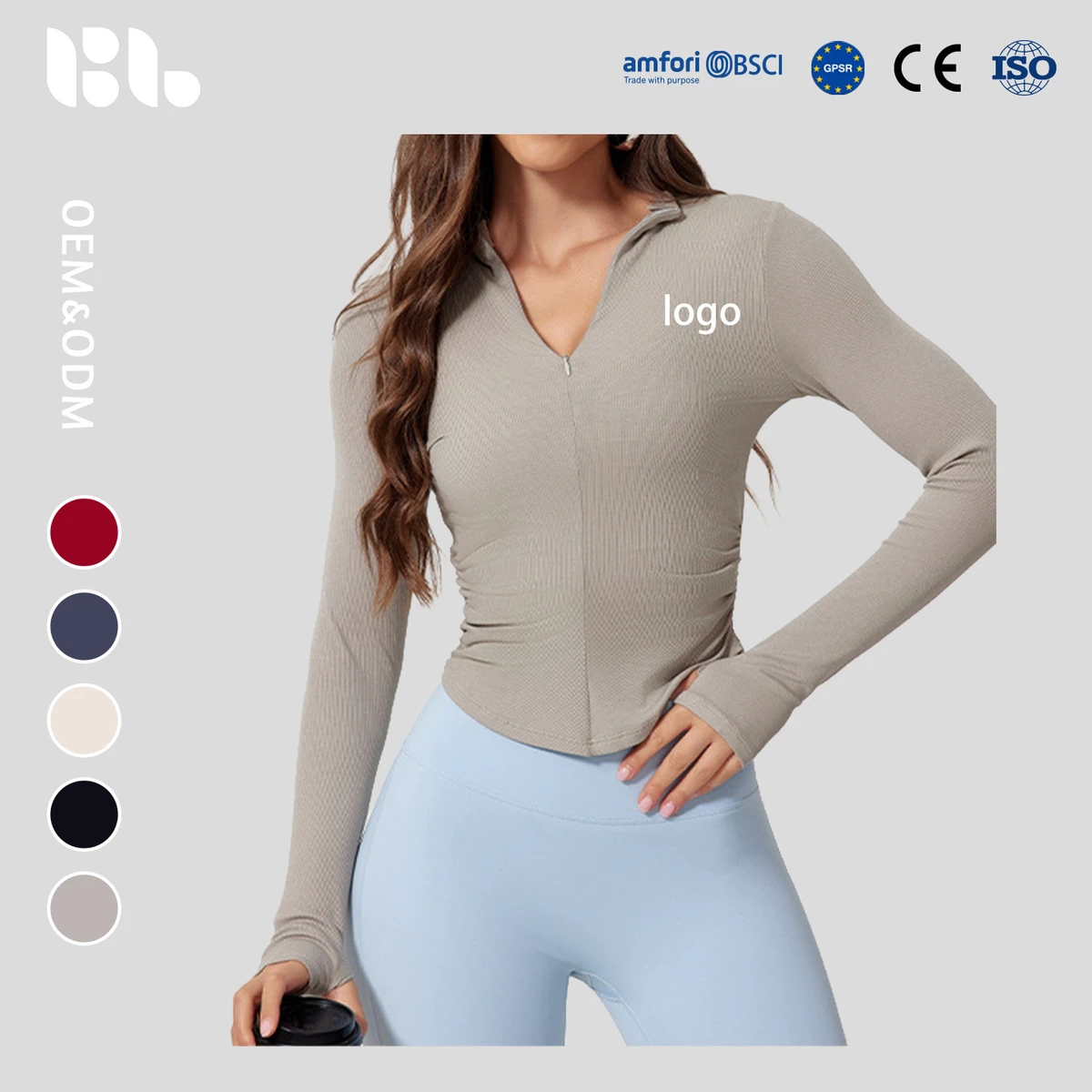 Long Sleeve Ribbed Tight Yoga Top Breathable Sweat-Wicking Quick Dry Half Zip Slim Fit Stretchy Workout Shirt for Outdoor Sports