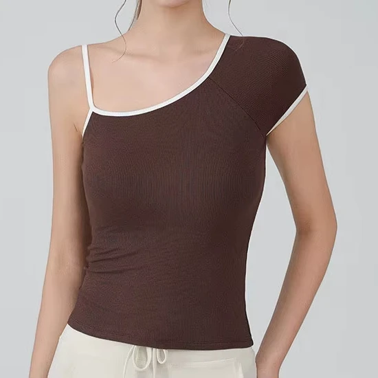 Custom Logo Women's One Shoulder Yoga Top Asymmetrical Ribbed Slim Fit Workout T-shirt Contrast Binding Athletic Tee