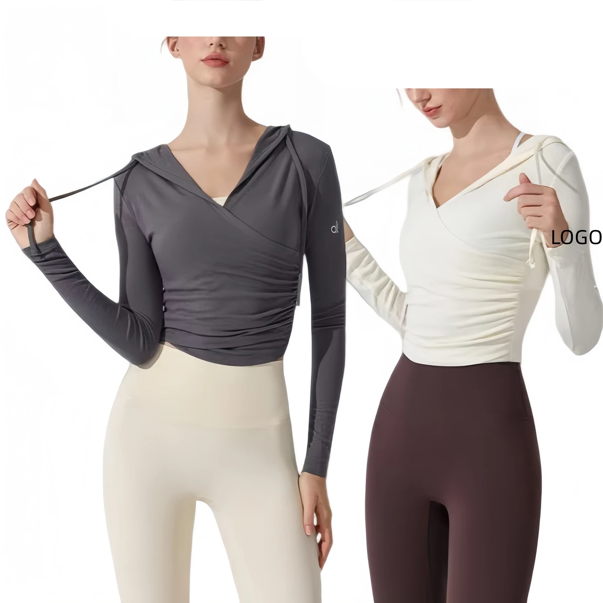 Luxury Brand Customized AIL Women's Spring Slim Fit Sexy Breathable Hooded Top Long Sleeved Deep V-neck Short Yoga Sportswear