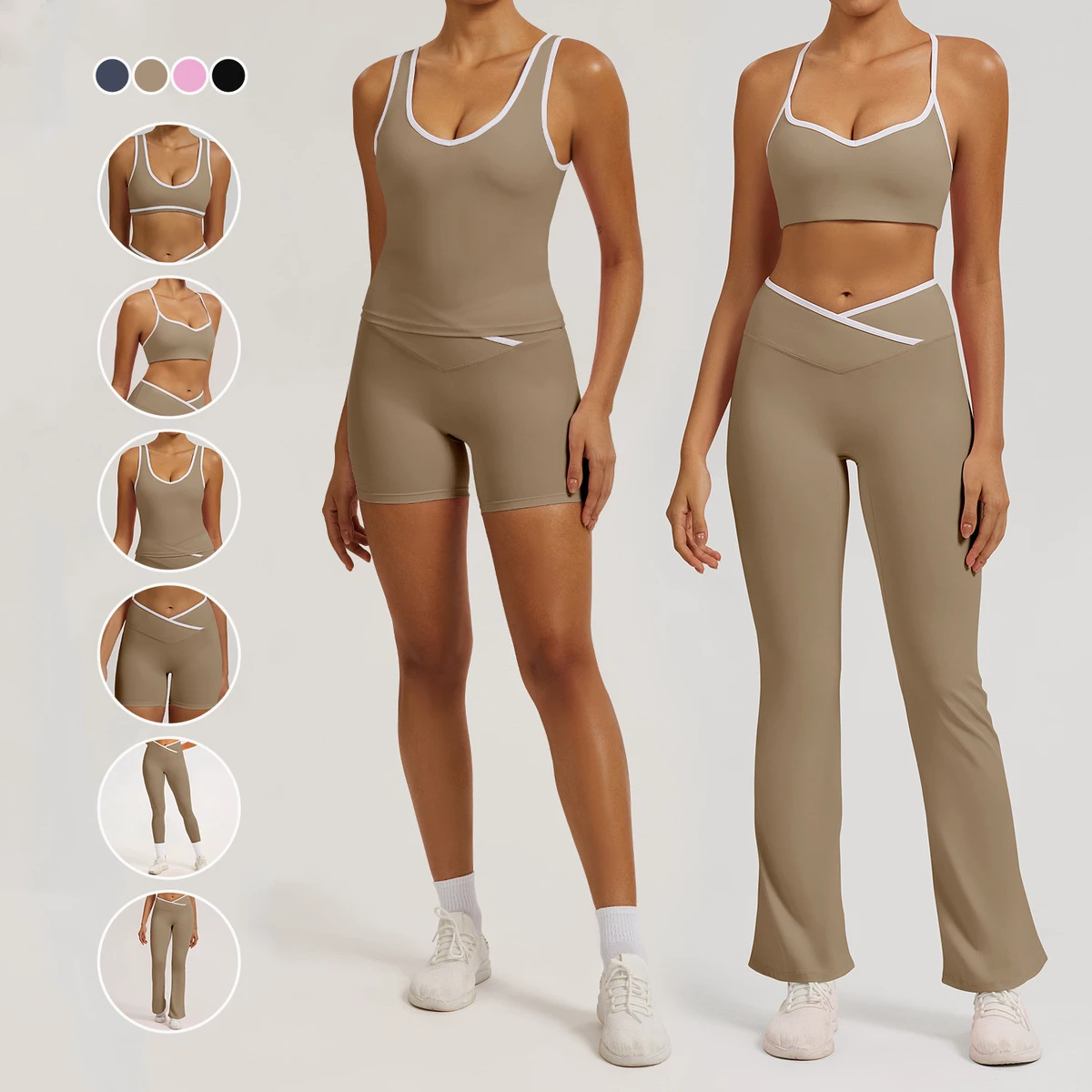 Custom Logo 6 Piece Sports Fitness Set Contrasting Color Women's Cross Waist Beautiful Back Running Tight-Fitting Gym Sets