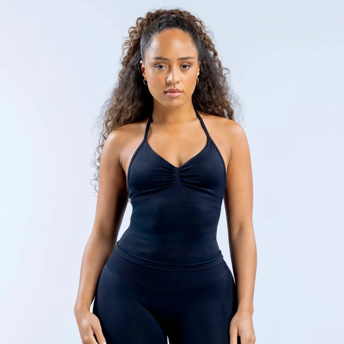 Cross-border Seamless Solid V-neck Yoga Neck Vest High Elastic Hip Yoga Pants Fitness Shorts Sling Sports Bra 2-Piece Set