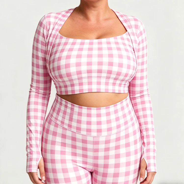 Oversize All-Over pink Grid Pattern Contrast Color Long Sleeve Workout Gym Women Yoga Square Neck Top Plus Size Leisurewear