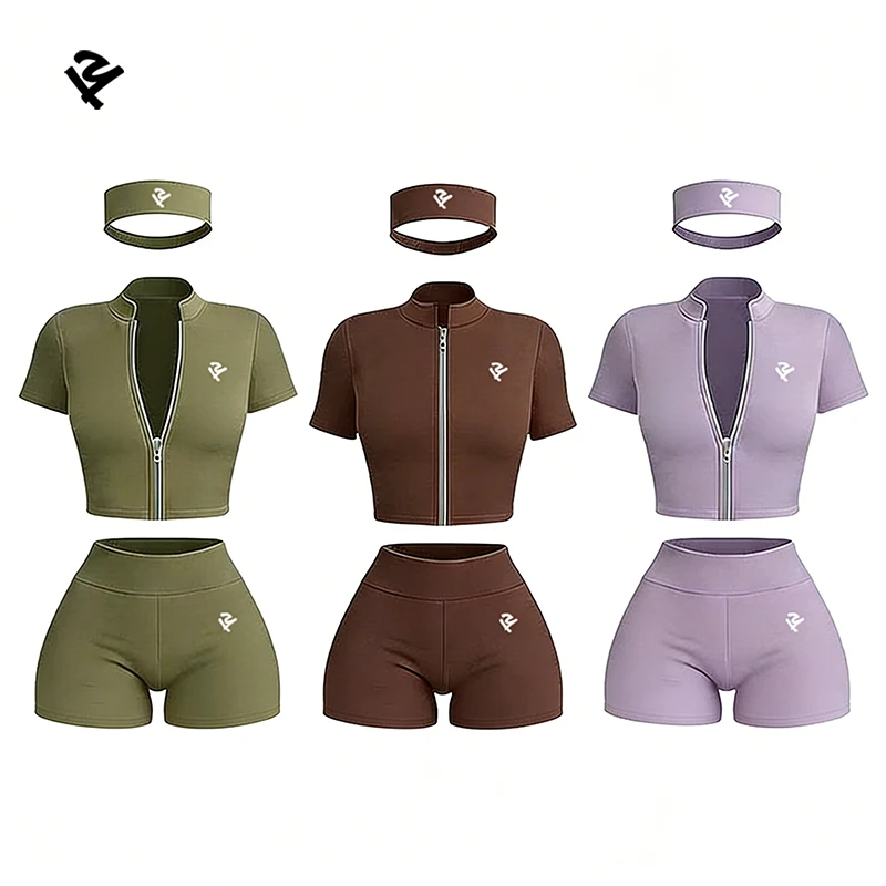 Women Cropped Zip up Short Sleeve Yoga Jacket High Waist Booty Shorts Set Gym Workout Fitness Two Piece Activewear Sportswear