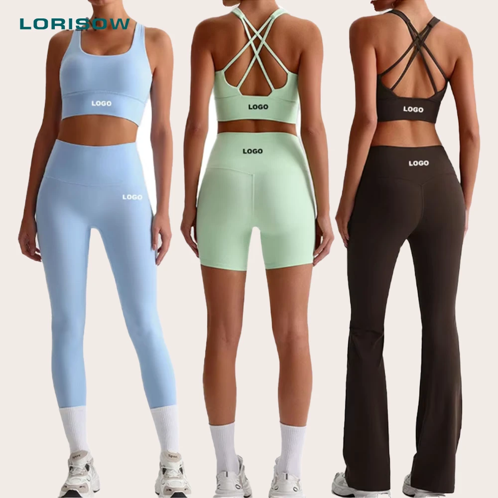 LORISOW Customizable Women's Fitness Breathable Sport Yoga Set Front Logo Shockproof Yoga Bra Butt Lift Long Leggings Pilates