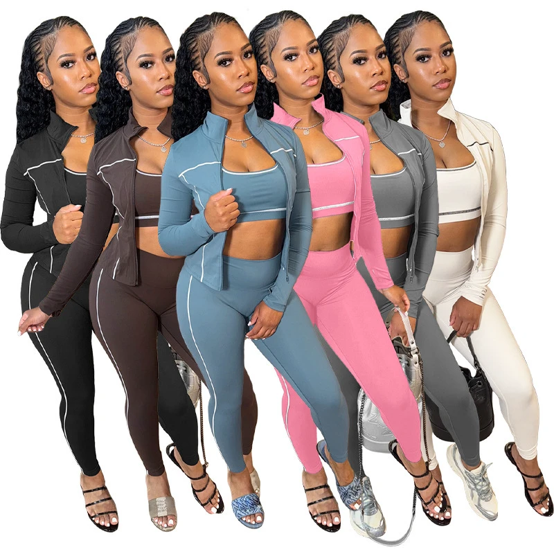 CN25038 European And American Fashion Women's I-shaped Tank Top Zipper Thumb Button Long Sleeve Short Tight Pants One Set