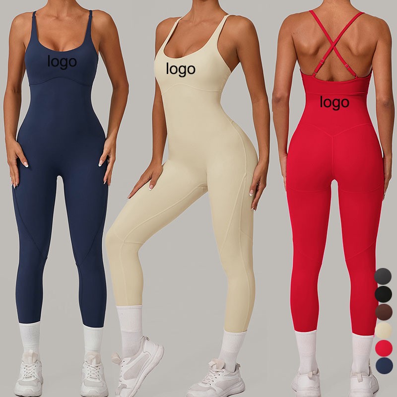 Wholesale Cross Back Sleeveless Bodysuit Spliced Sports Adjustable Straps Yoga Fitness One-piece Garment Romper Gym Jumpsuit