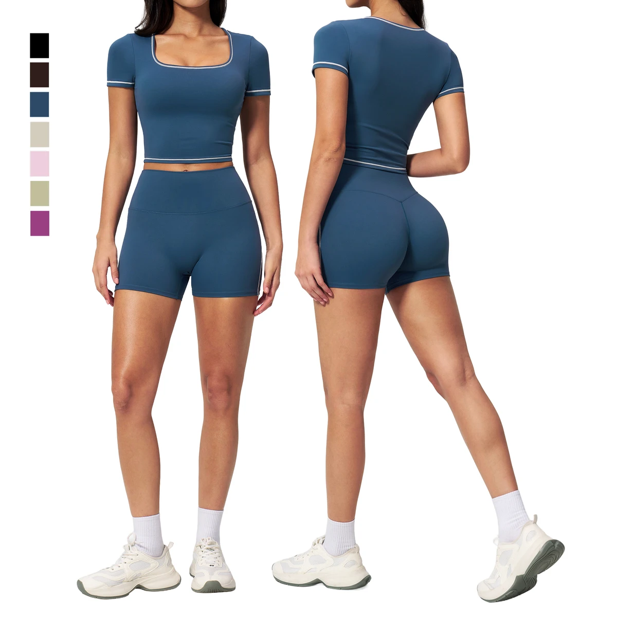 Women Activewear Solid Square Neck Yoga T-Shirt Four-Way Stretch High Waist Butt Lifting Fitness Shorts Breathable Quick Dry