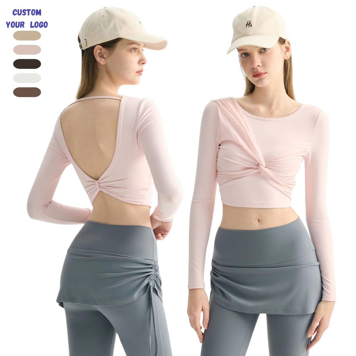 Women Twist Front Mesh Yoga Crop Top with Padded Bra Long Sleeve Butterfly Back Workout Top for Gym Yoga and Fitness
