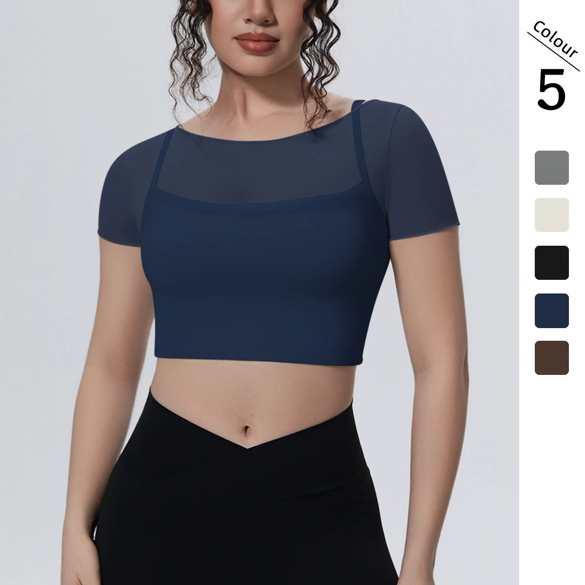 Women's Mesh Overlay Yoga Crop Top,Short Sleeve Built-in Sports Bra Summer Activewear for Gym Pilates Workout Casual Loungewear