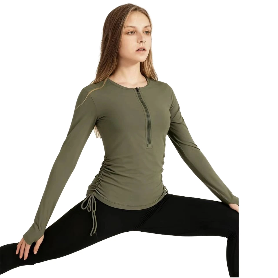Women's Breathable Four-Way Stretch Eco-Friendly Spandex/Nylon Athletic Long Sleeve Half-Zip Top Slim Fit Yoga Workout Front