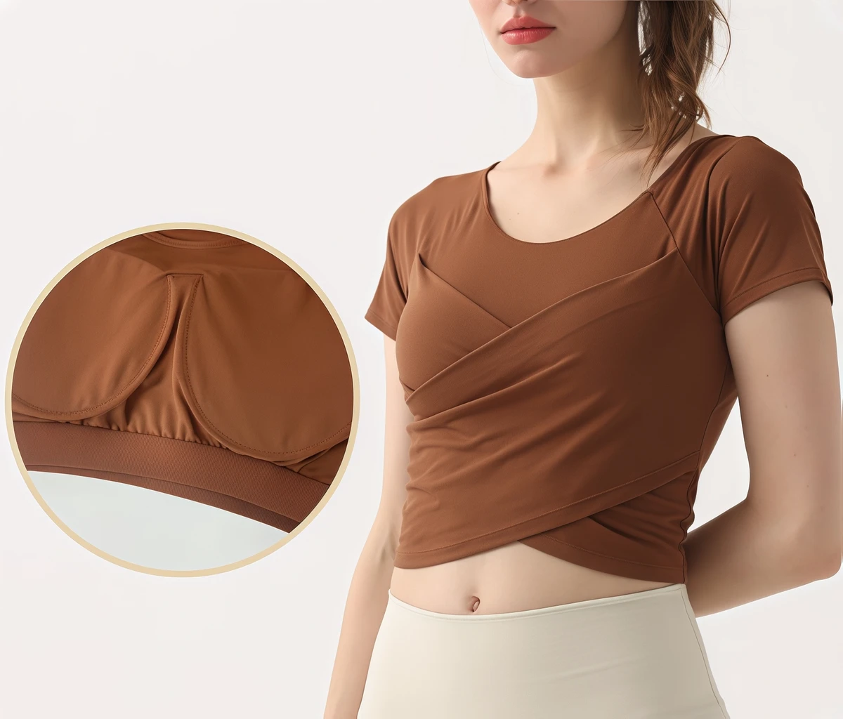 Women's Yoga Sport Top Cross Wrap Pleated Design Short Sleeve Crop Top with Built-in Bra Slim Fit Athletic Workout Fitness Shirt