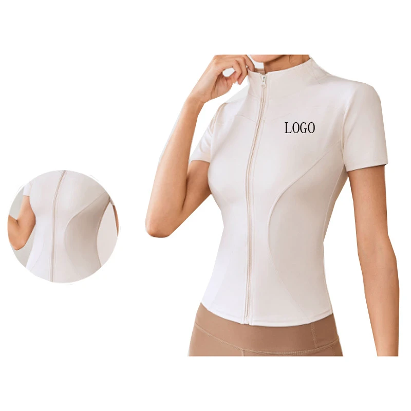Custom LOGO Slim Fit High Elastic Yoga Short Sleeve Tops Standing Collar Tight Comfortable Breathable Sports Yoga Tops