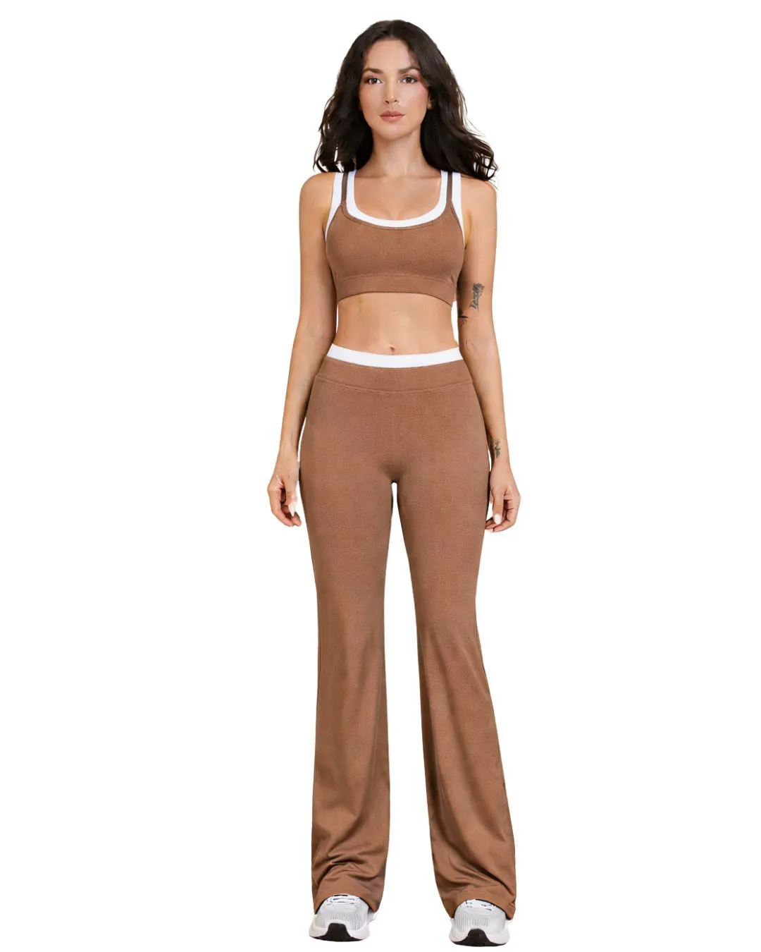 Women Mocha Brown White Contrast Sports Bra And Flare Pants Set High Waist Stretch Yoga Fitness Gym Wear Custom OEM Wholesale