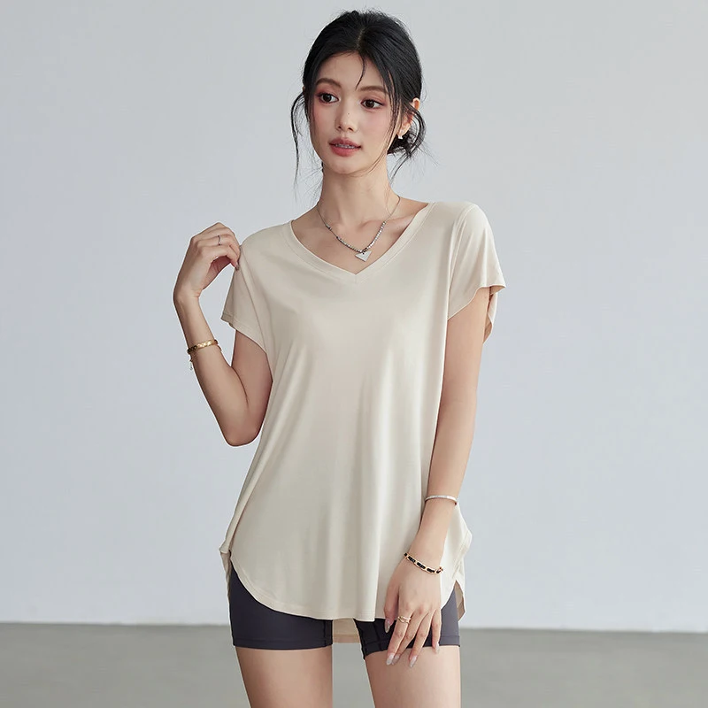 Women's Sports Short-sleeved Mid-length Loose Yoga Clothes Draping Fitness T-shirt Training Running Top Summer Quick-drying Crew