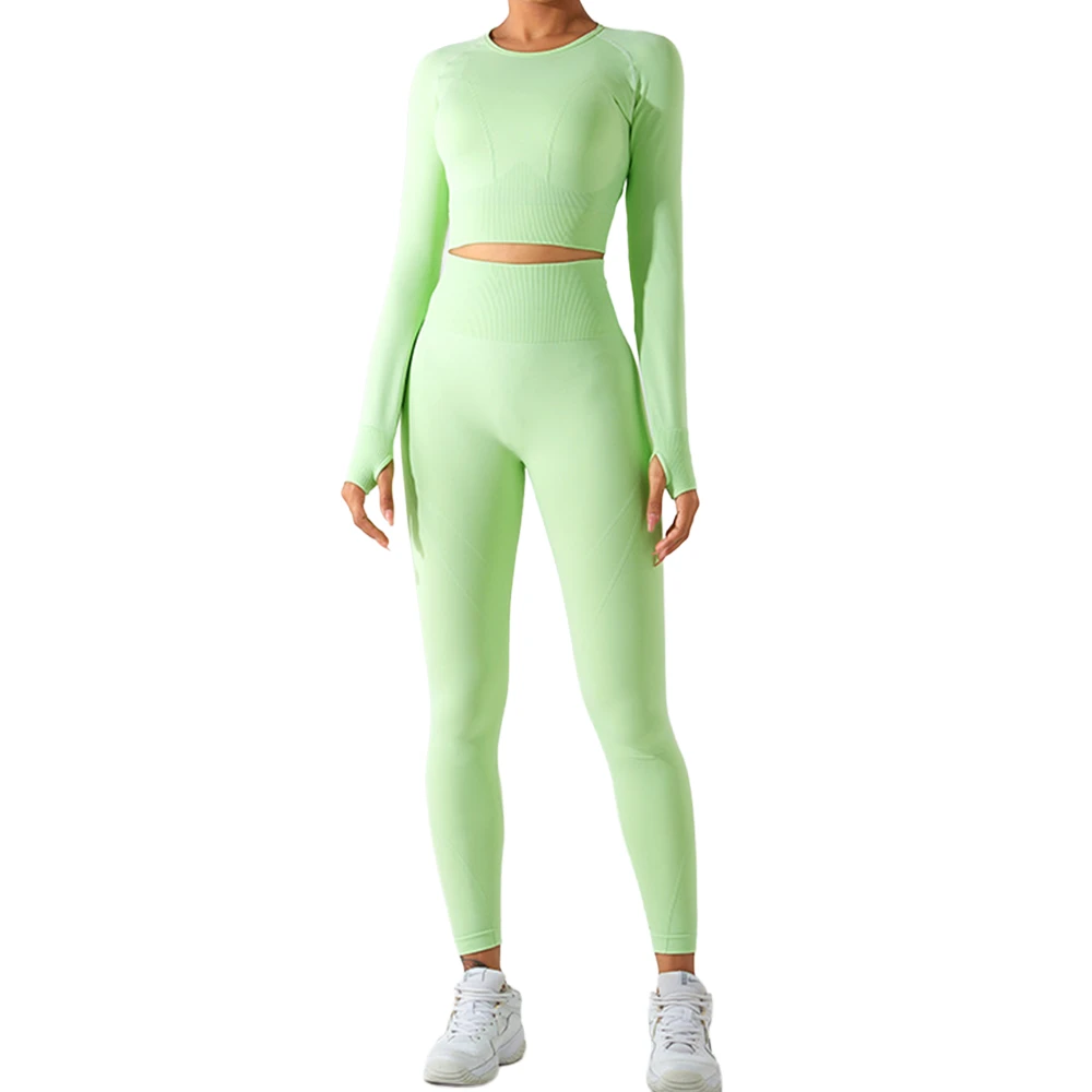 Cross-border New Tight Slim Yoga Suit Women's Sports Fitness Two-Piece Set High Waist Long Sleeves Full-Length Peach Polyester