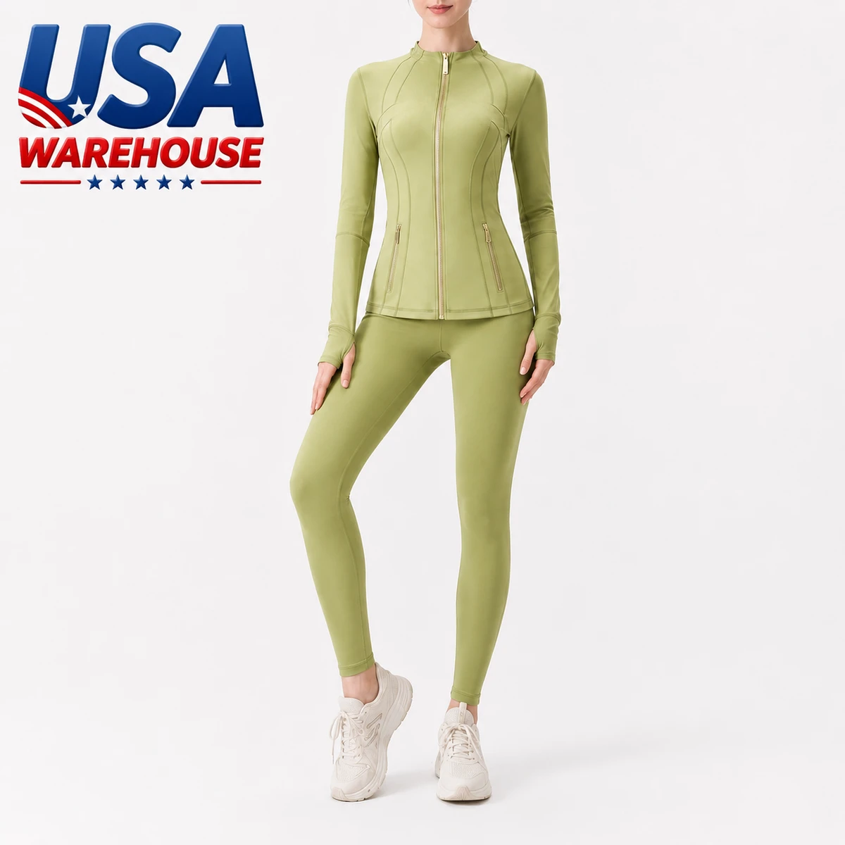 USA Oversea Warehouse Fast Shipping Breathable Solid High Elastic Waist Long Sleeve Yoga Sports 2-Piece Fitness Wear Women's Set