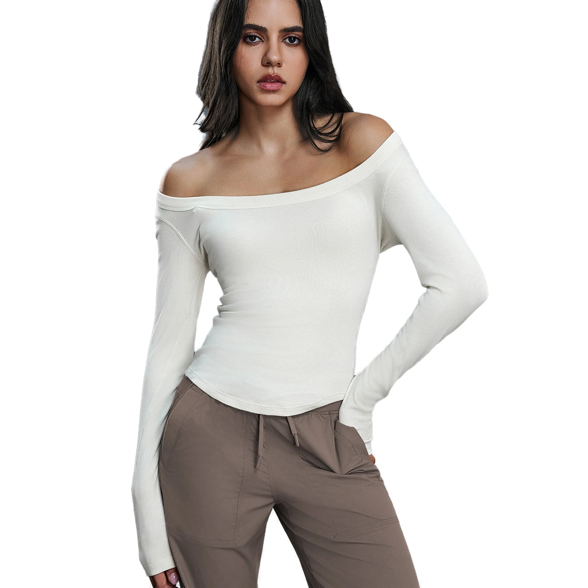 Women Shoulder Yoga Top Long Sleeve Slim Fit Stretch Breathable Activewear Fitness Gym Shirt Comfortable Flexible Front