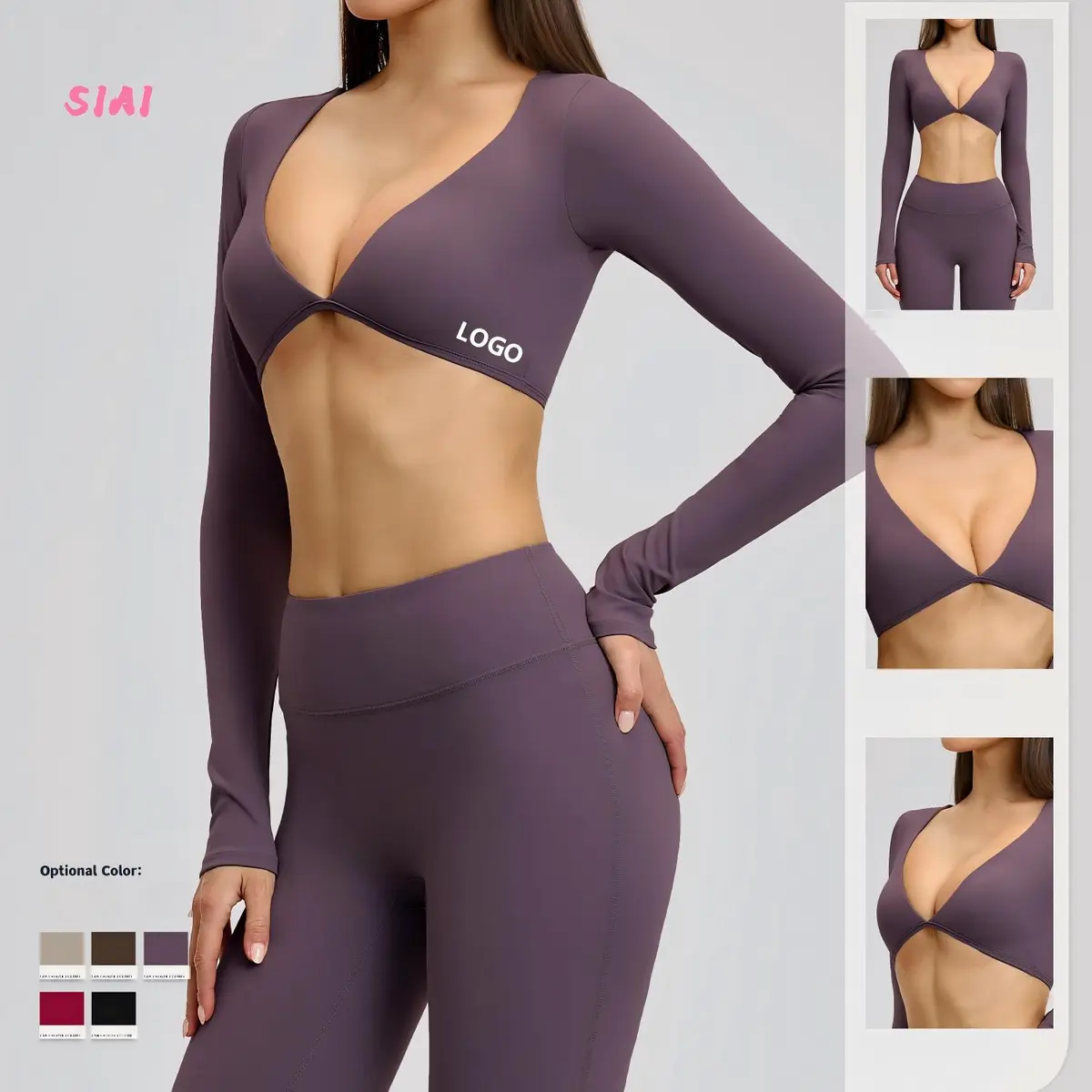 New Women Sexy Deep V Neck Sculpt Slim Fit Breathable Buttery Soft Lightweight Plain Gym Shirt Active Long Sleeve Crop Front
