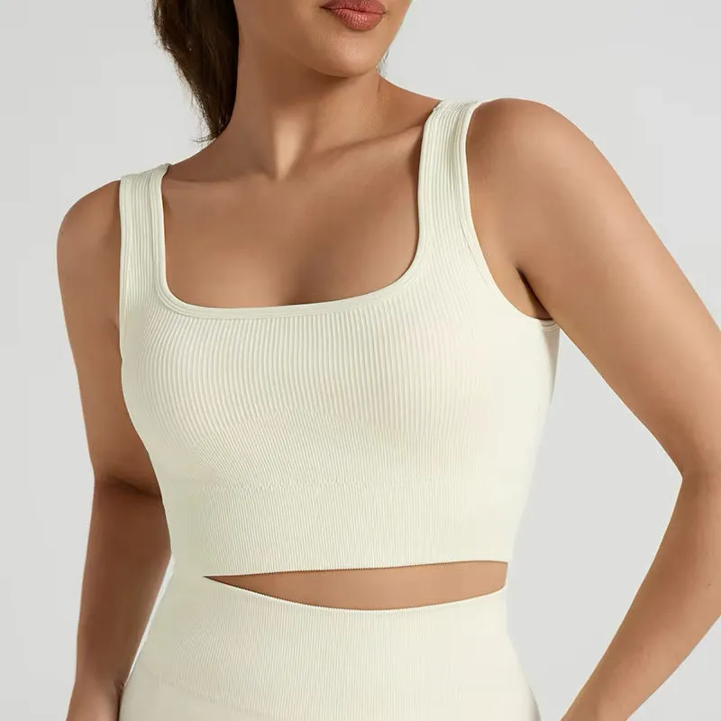 Ultra-Comfortable Solid Square Neck Ribbed Knitted Everyday Sports Bra 5 Color Options Wire-Free Breathable Seamless for Yoga
