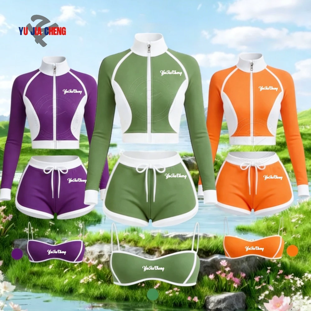 Gym Activewear Ladies Workout Outfits 3 Piece Sportswear Zip Up Color Block Yoga Top Sports Bra Tracksuit Shorts Set Women
