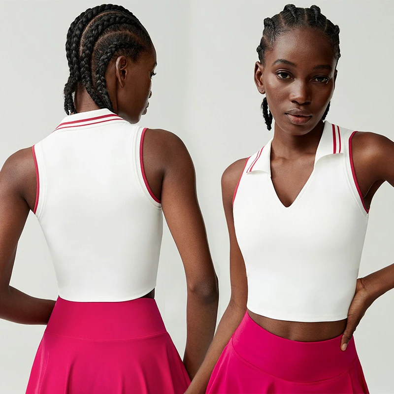 Roregal New Arrival Ribbed Lapel Deep V Fitness Quick Drying Running Sleeveless Top Yoga Sport Vest with Chest Pad