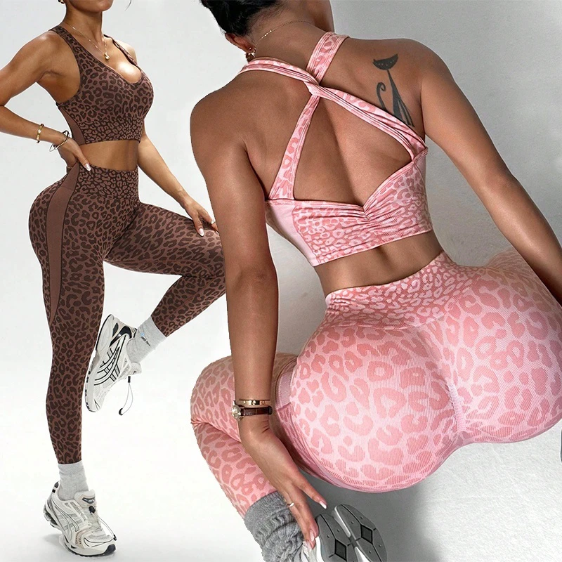 YY Women's Seamless Leopard Workout Set 2 Piece Twist Cross Back Sports Bra Hight Waist Butt Lift Leggings Outdoor Sports Suit